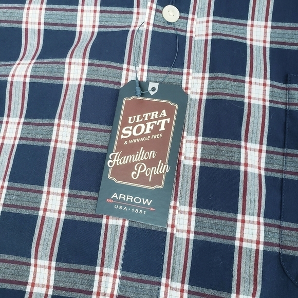 NWT Men's Arrow Button Down Plaid Dress Shirt Hamilton Poplin Navy - Picture 5 of 7